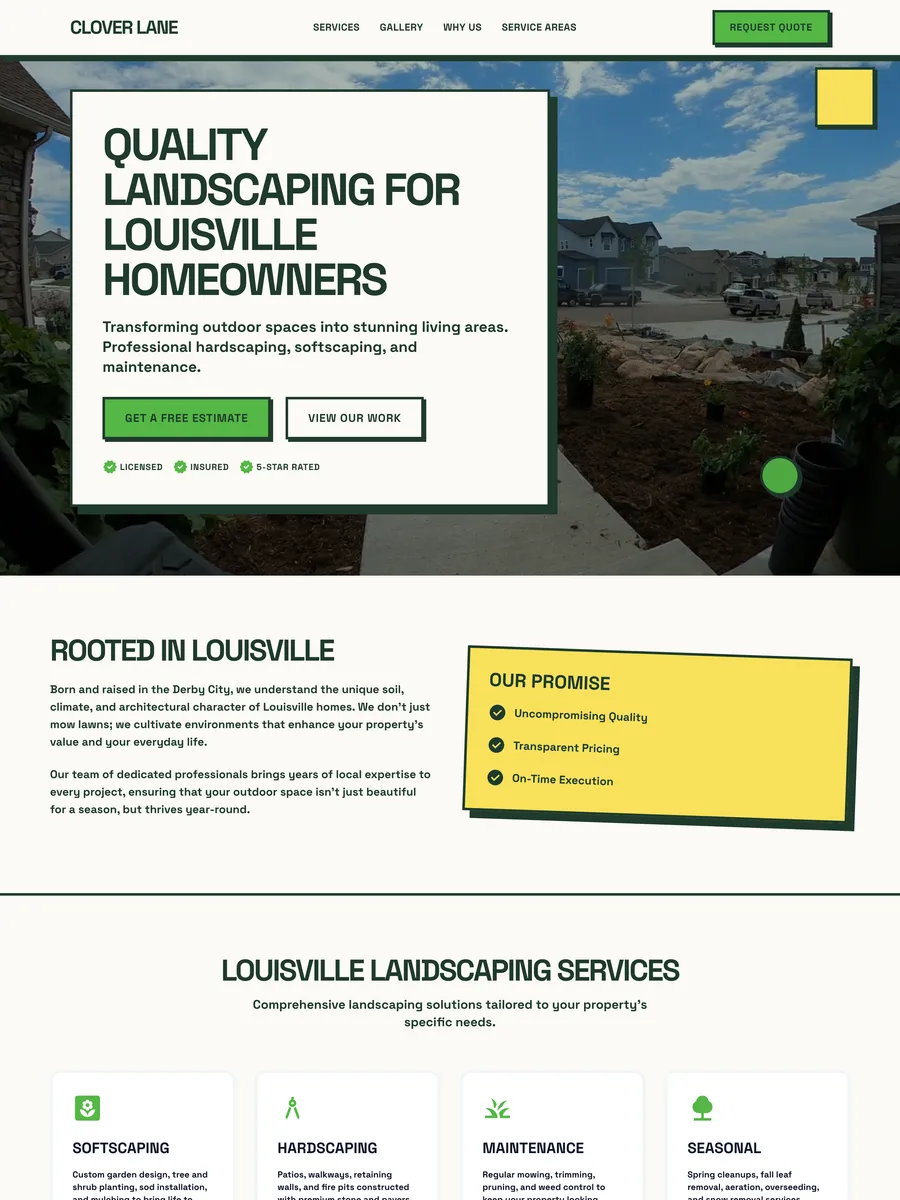 Example homepage design for a landscaping company, showing finished project photography and a booking form. A demonstration of what we build, not a live customer site.